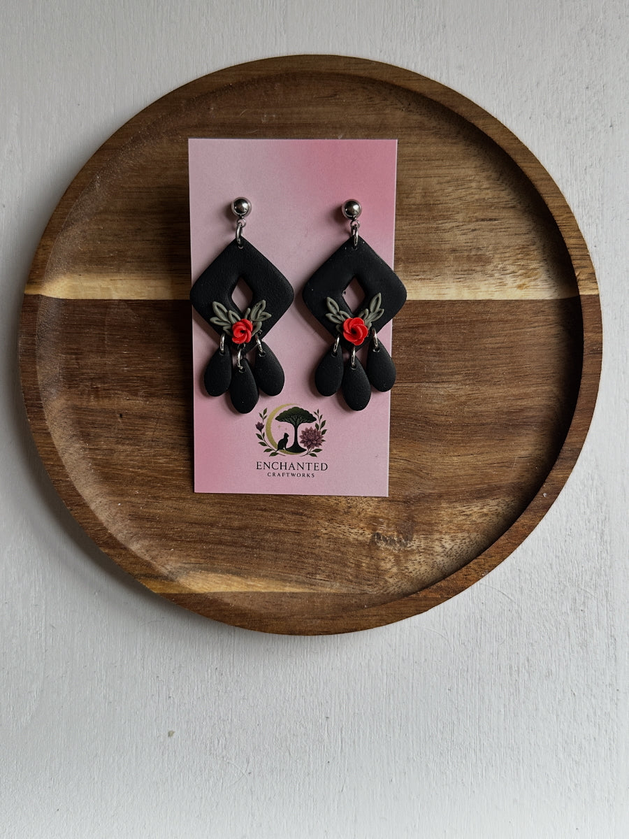 Enchanted Midnight Rose Dangle Polymer Clay Earrings