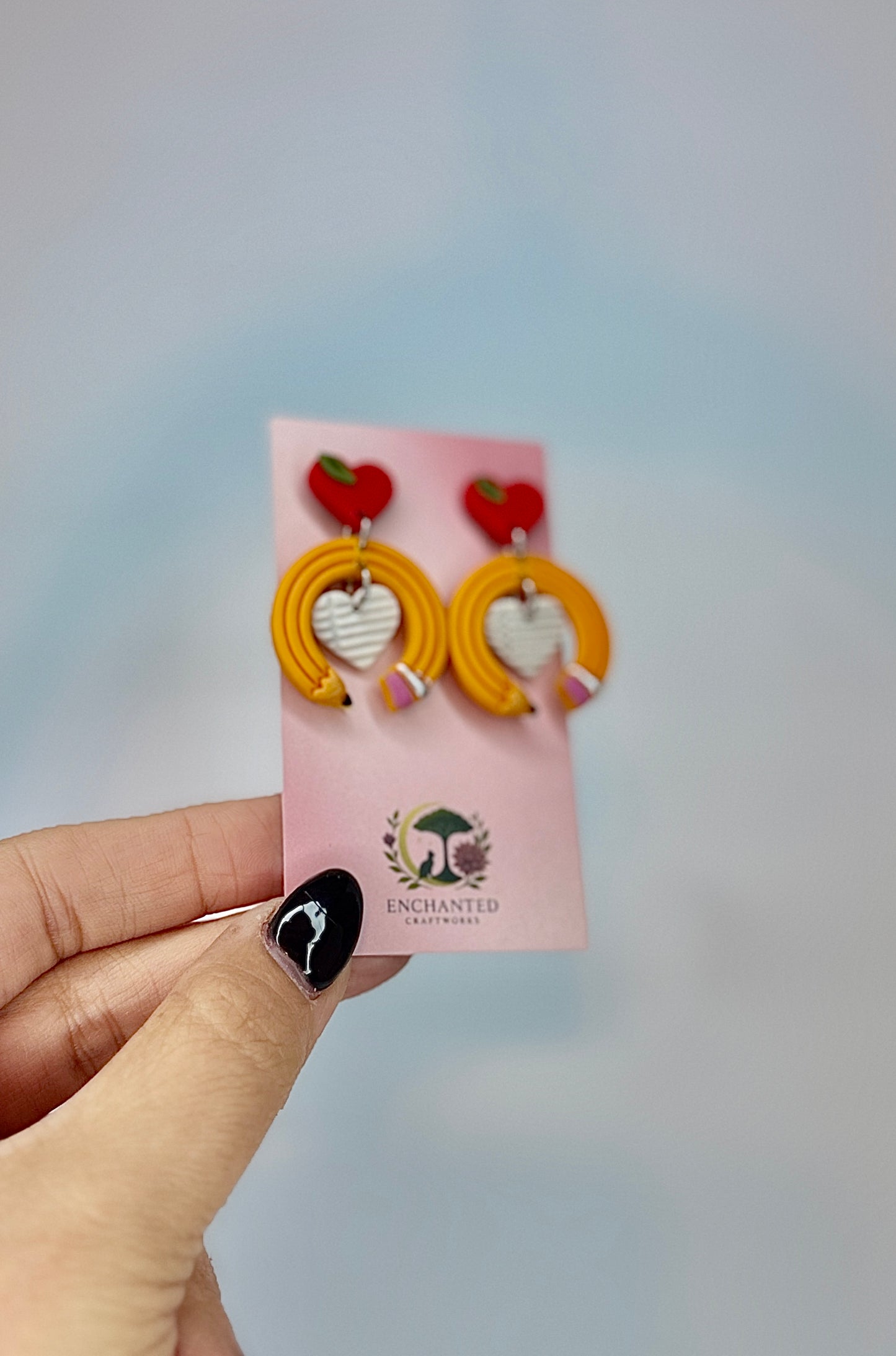 Teacher Pencil Heart Earrings, Back to School Earrings, Teacher Gift, Apple Stud Earrings, Classroom Jewelry, Teacher Appreciation Gift