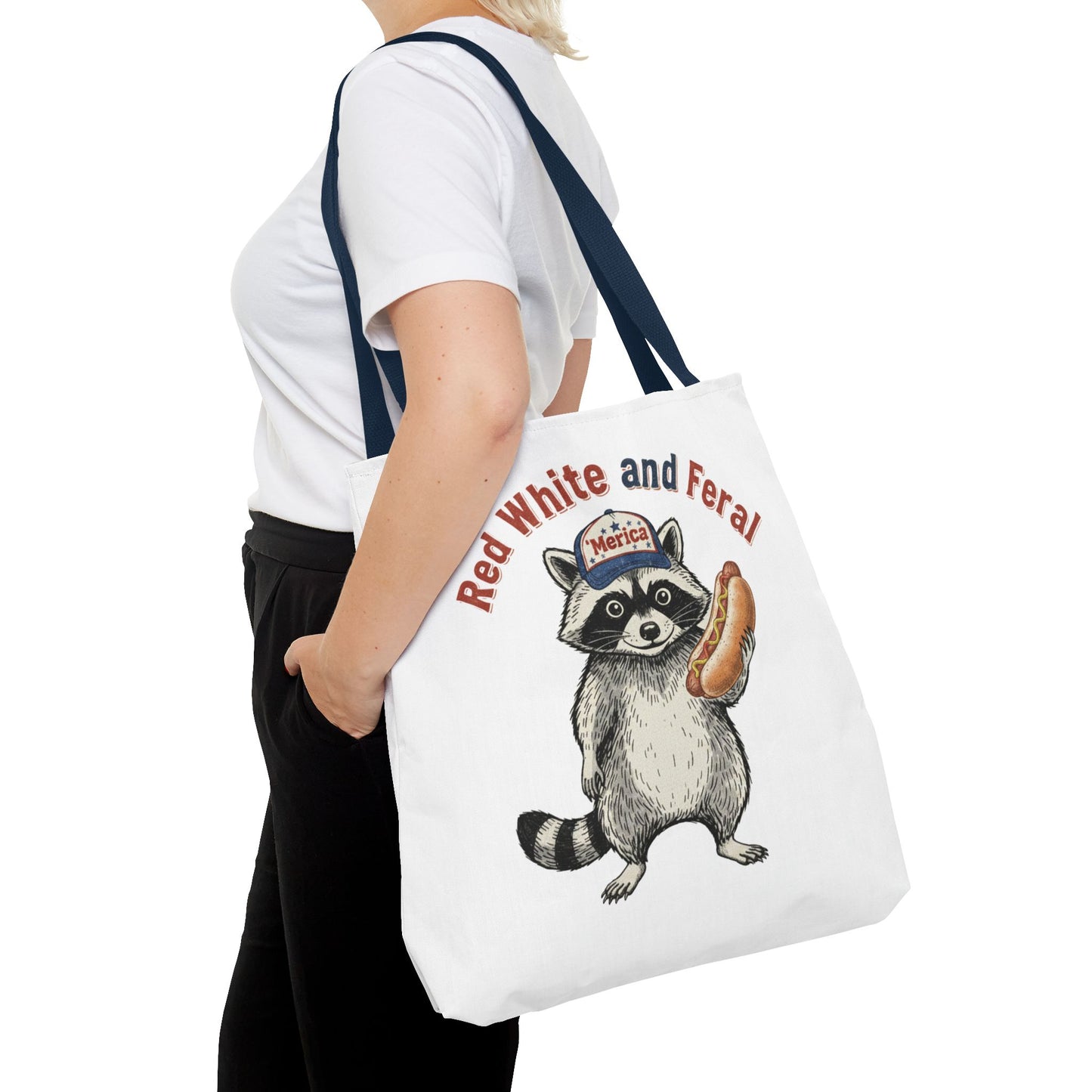 Red White and Feral Raccoon Tote Bag – 'Merica Hot Dog Patriotic Canvas Tote