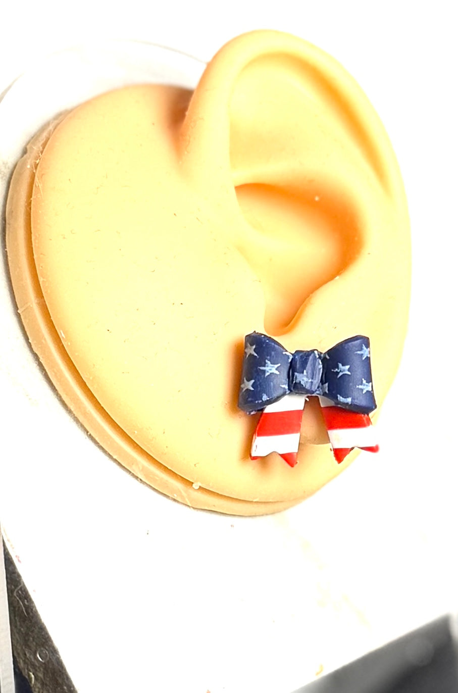 Patriotic Bow Earrings, 4th of July Earrings, American Flag Jewelry, Red White Blue Earrings, USA Clay Earrings, Handmade Holiday Earrings