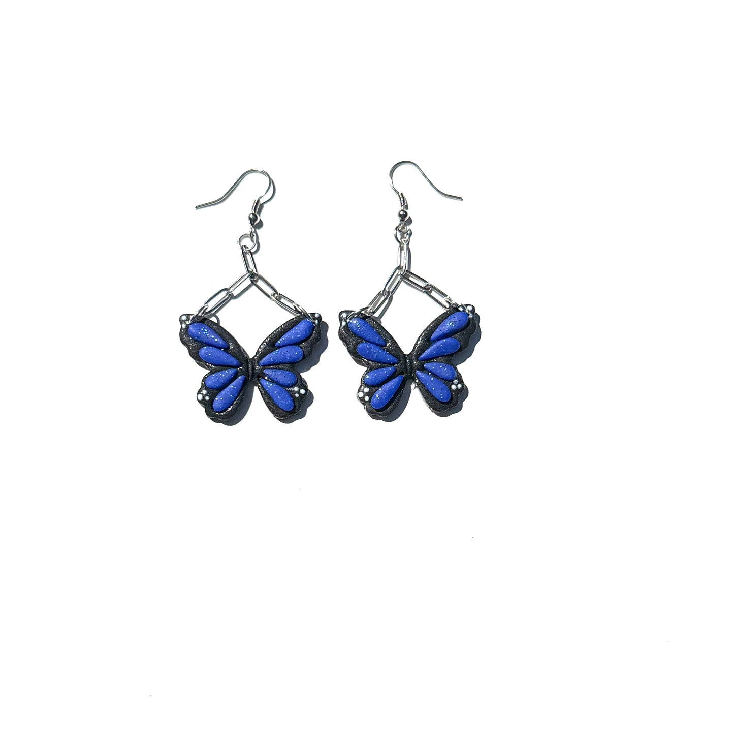Blue Butterfly Earrings, Butterfly Dangle Earrings, Chain Link Earrings, Handmade Polymer Clay Jewelry, Aesthetic Statement Earrings