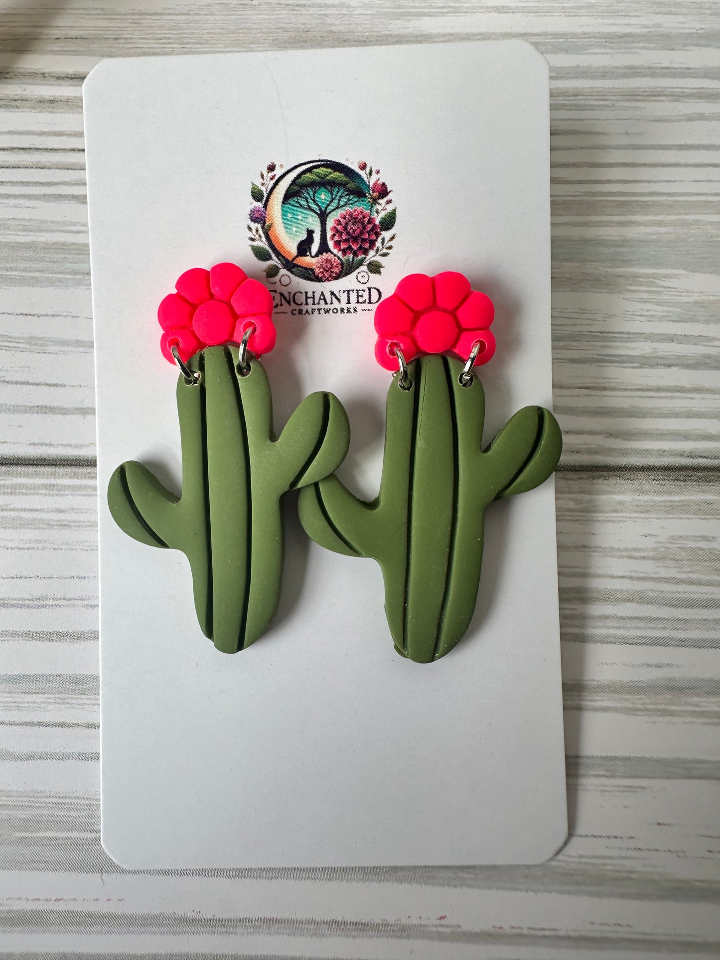 Blooming Cactus Dangle Earrings – Handmade Polymer Clay with Stainless Steel Posts