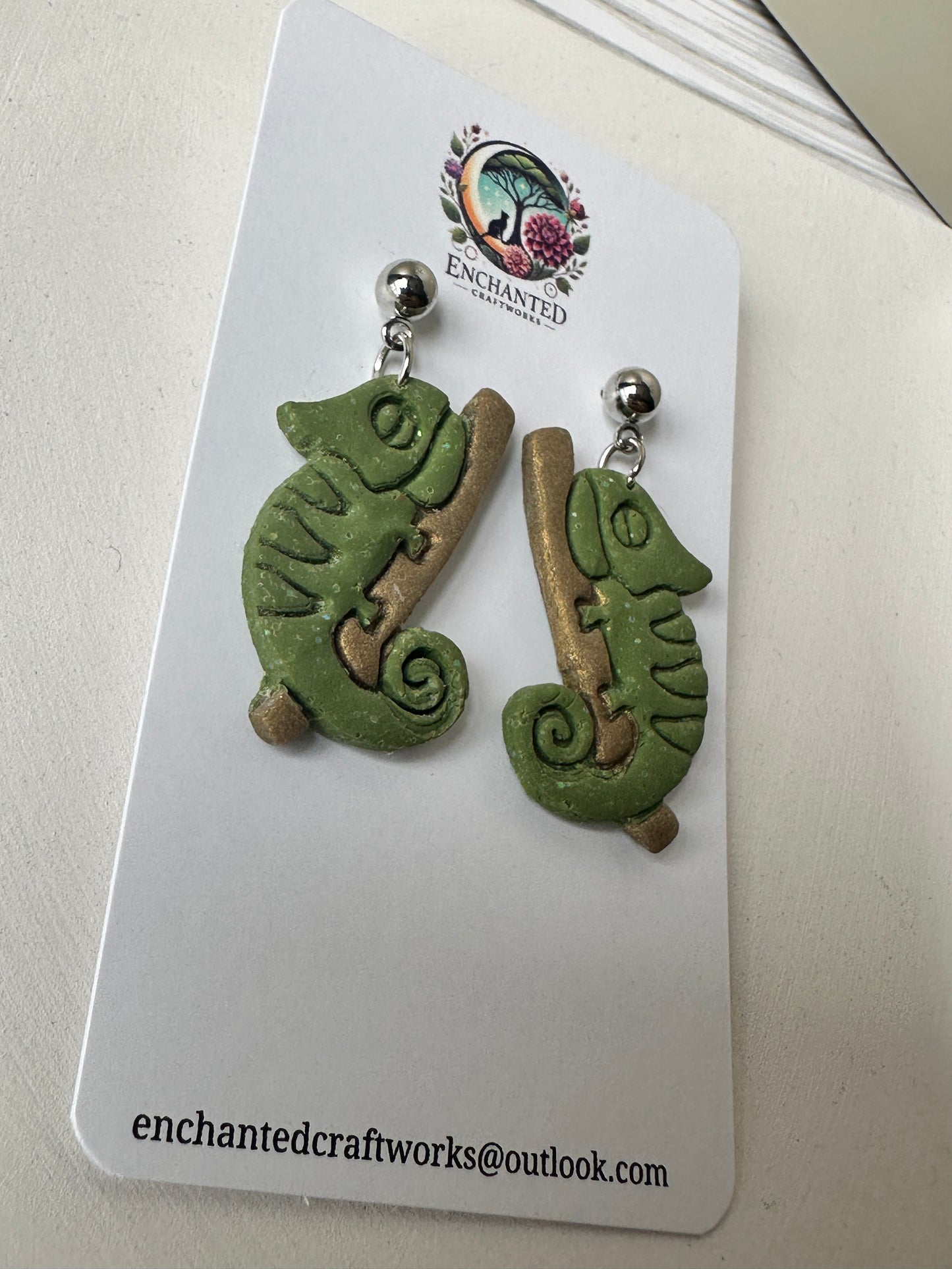 Chameleon Dangle Earrings – Handmade Polymer Clay with Stainless Steel Posts