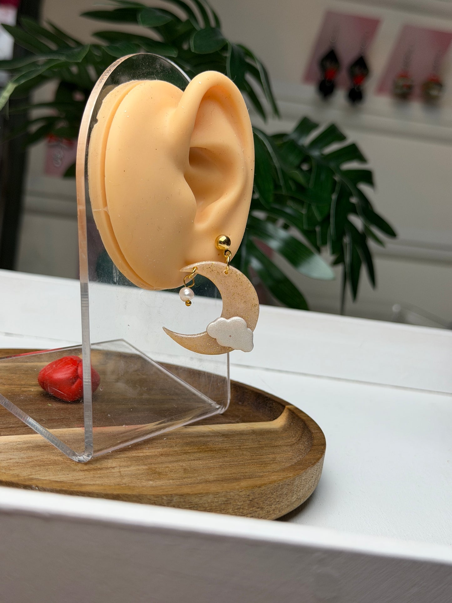 Clouded Moon Dangle Earrings – Handmade Celestial Polymer Clay Art