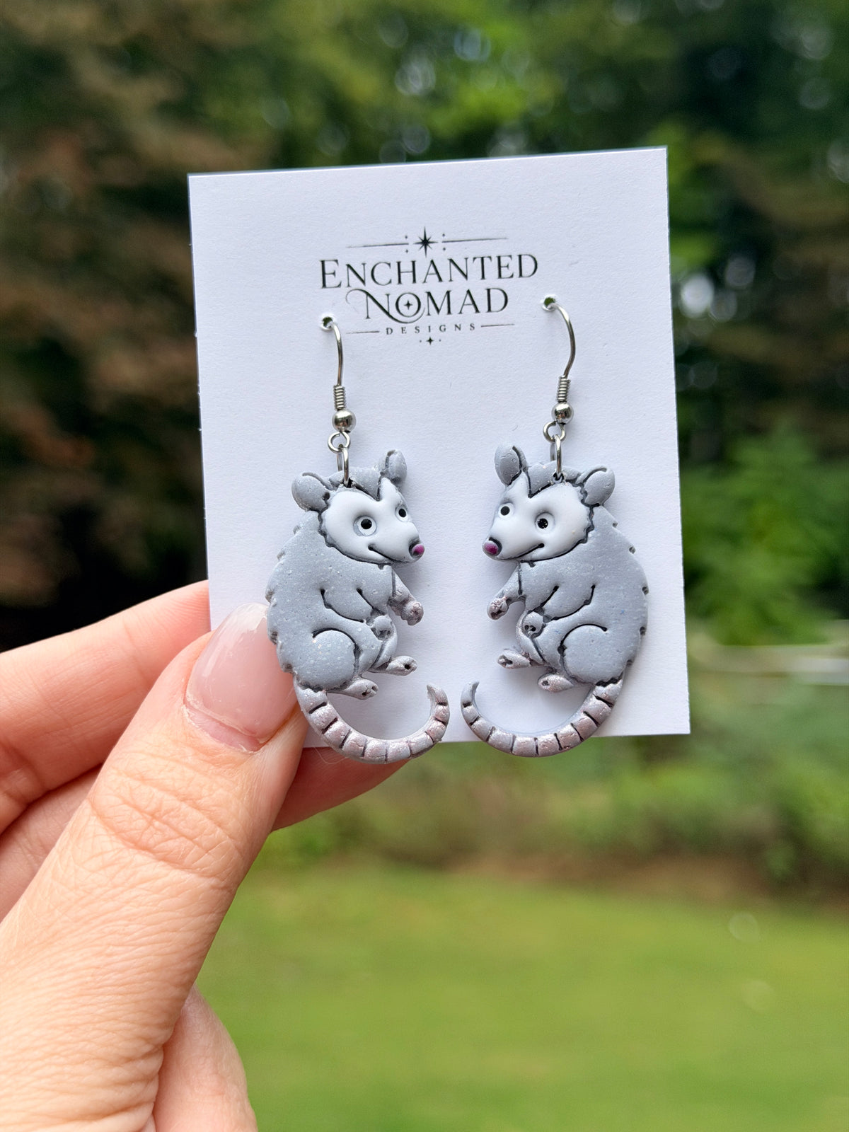 Hand Painted Opossum Earrings, Polymer Clay Dangle Earrings, Cute Possum Jewelry