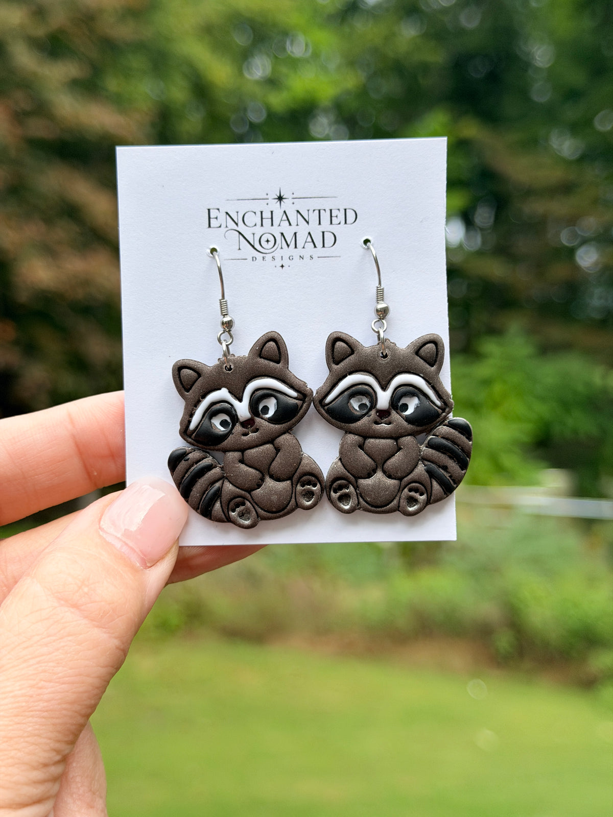 Raccoon Earrings, Hand Painted Polymer Clay Dangle Earrings, Cute Woodland Jewelry