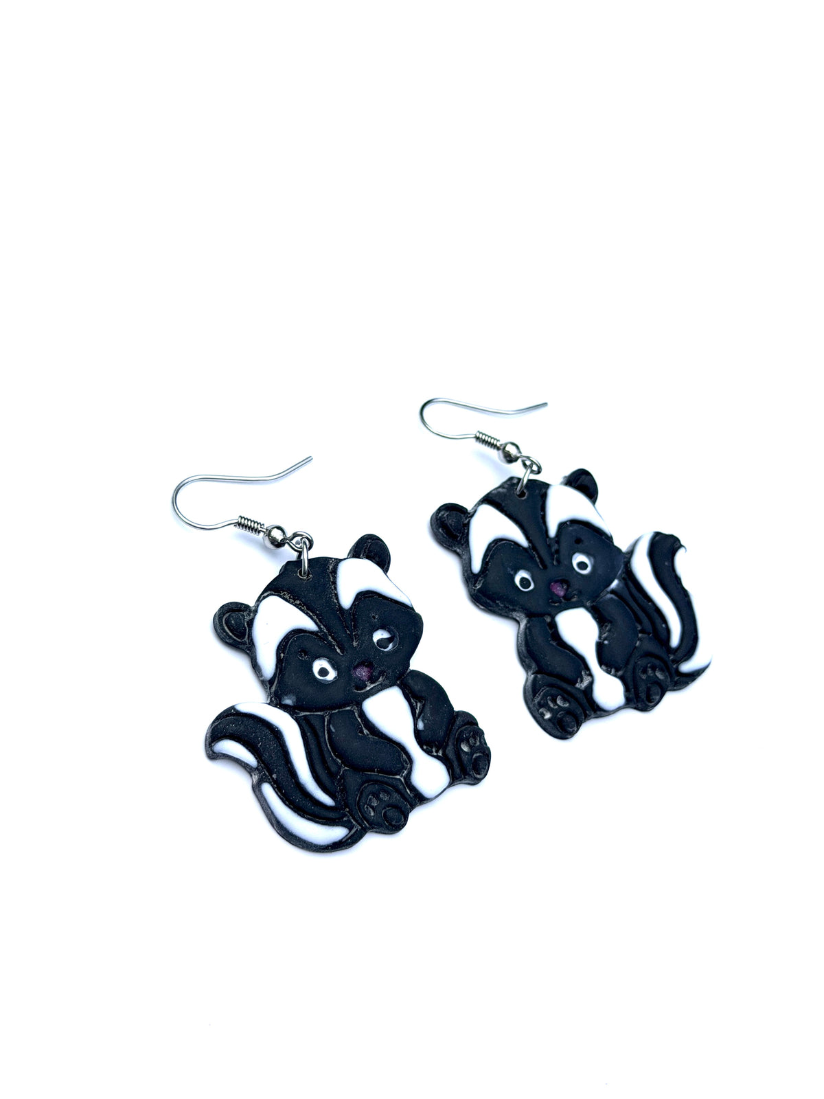 Skunk Earrings, Hand Painted Polymer Clay Dangle Earrings, Cute Woodland Jewelry