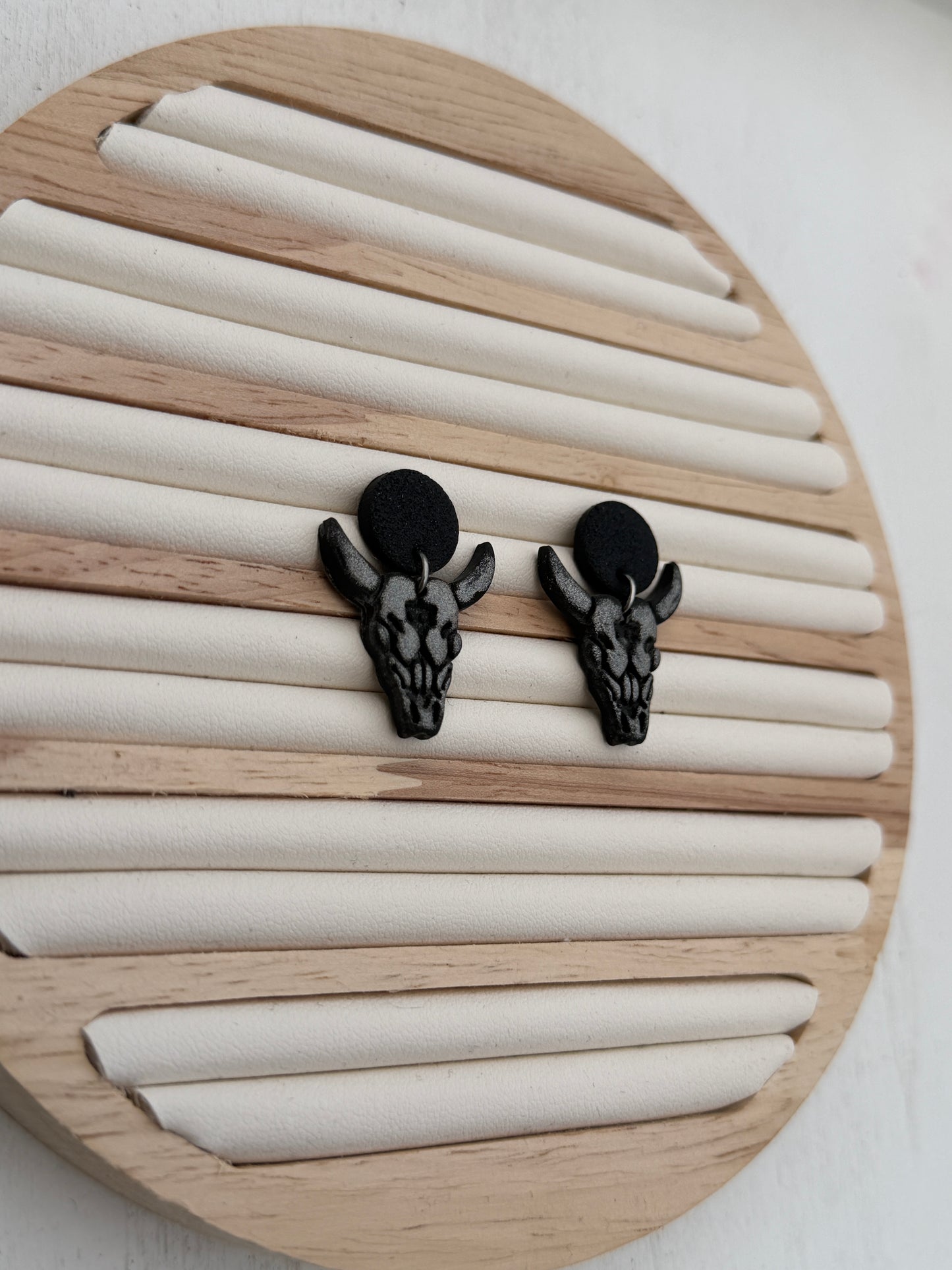 Midnight Steer Skull Polymer Clay Dangle Earrings
