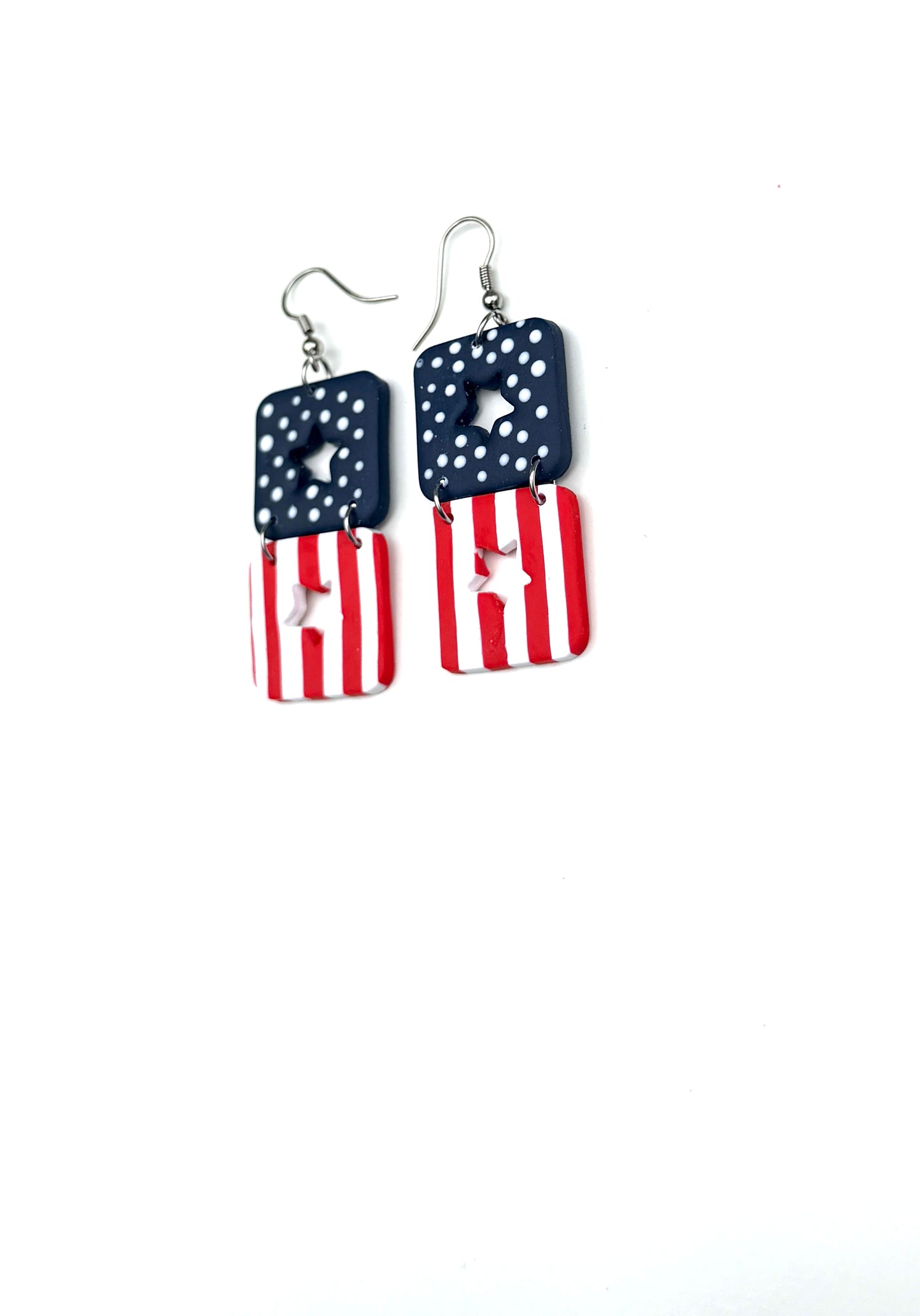 Star-Spangled Duo Cutout Dangles | Patriotic Star Cutout Earrings | Red White Blue Dangle Earrings | 4th of July Earrings | Americana Jewelry | Geometric Statement Earrings | Handmade Clay