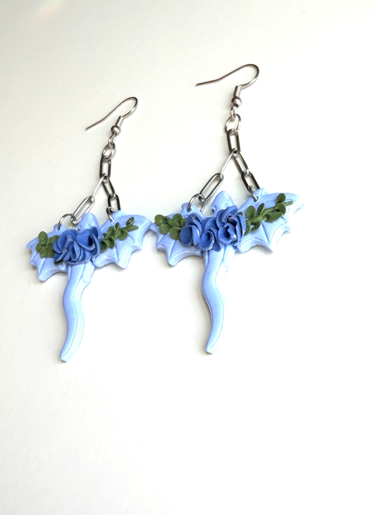 Floral Dragon Dangle Earrings | Blue Fantasy Dragon Jewelry | Polymer Clay Fantasy Earrings | Handmade Witchy Statement Earrings