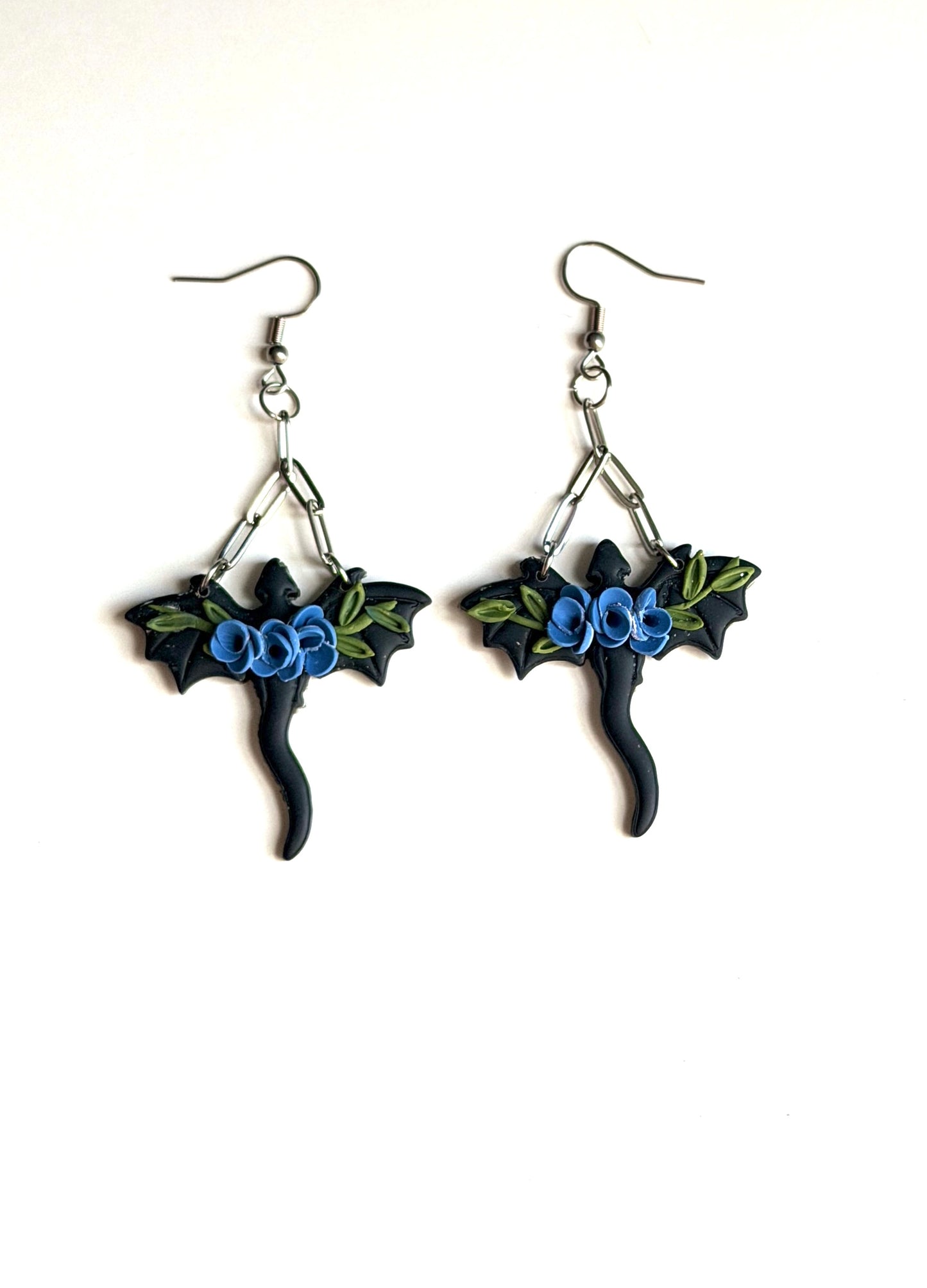 Black Floral Dragon Earrings | Blue Rose Dragon Dangles | Fantasy Polymer Clay Jewelry | Gothic Witchy Statement Earrings Handmade