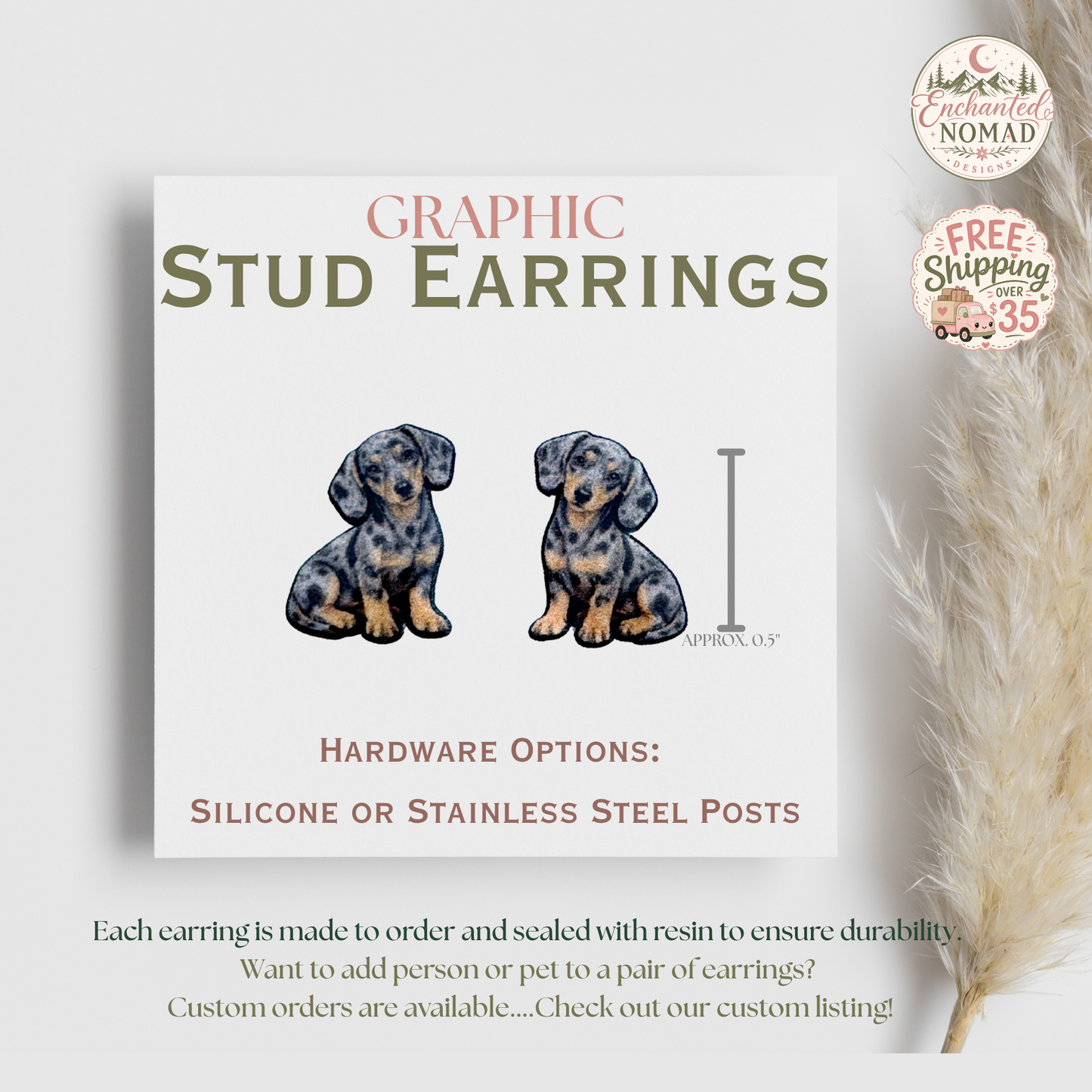 Dachshund Stud Earrings, Dapple Dachshund Earrings, Wiener Dog Gift, Dog Lover Earrings, Sausage Dog Jewelry, Puppy Studs