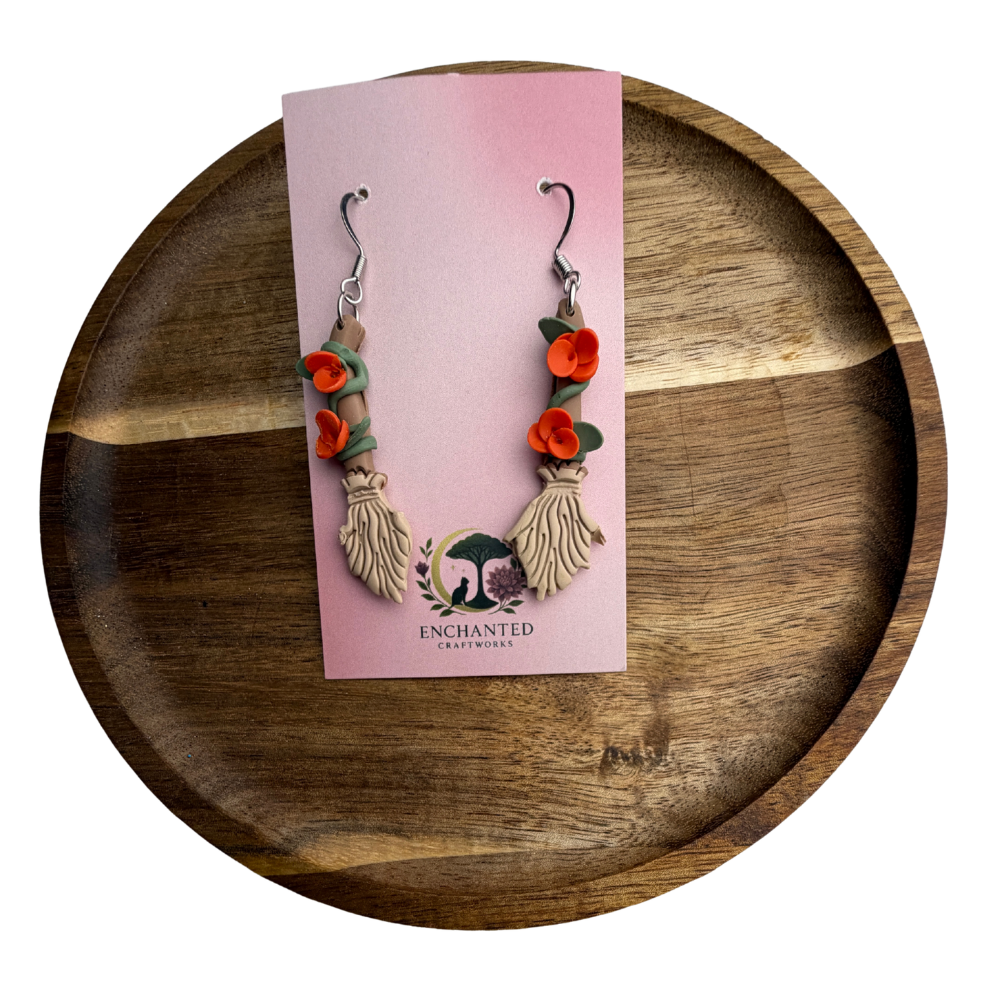 Enchanted Floral Broom Earrings – Whimsical Polymer Clay Jewelry