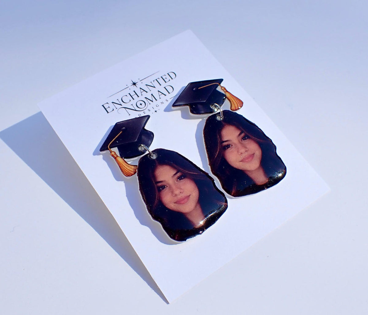 Custom graduation photo earrings, personalized portrait and graduation cap example 8.