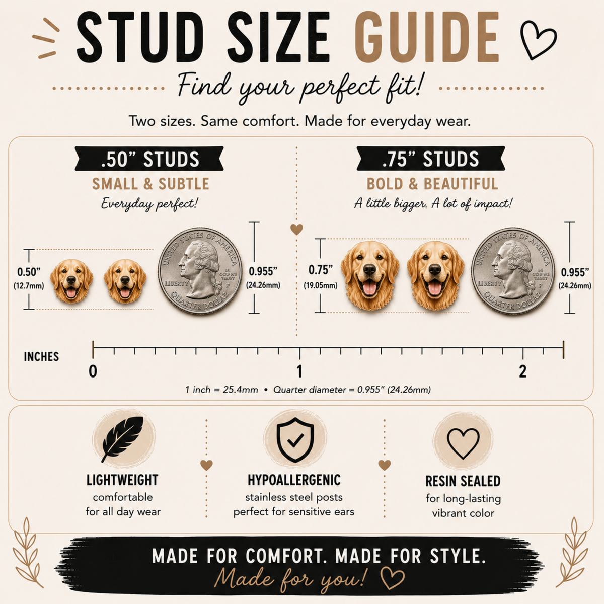 General stud size guide showing half-inch and three-quarter-inch options