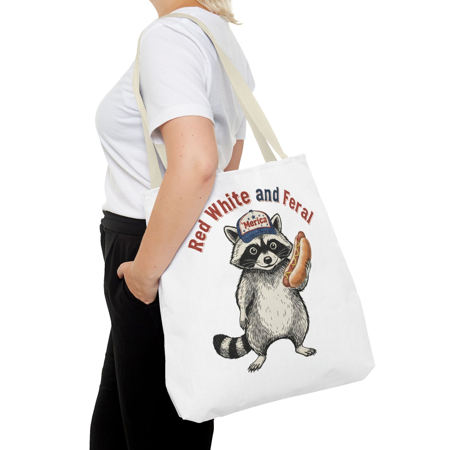 Red White and Feral Raccoon Tote Bag – 'Merica Hot Dog Patriotic Canvas Tote