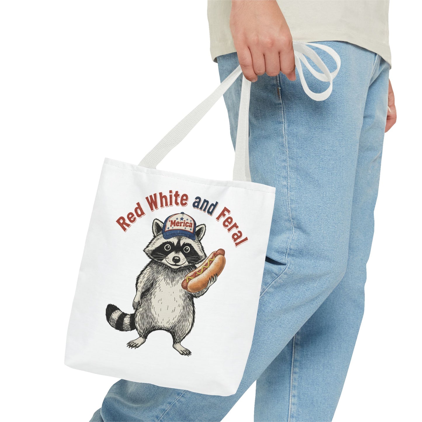 Red White and Feral Raccoon Tote Bag – 'Merica Hot Dog Patriotic Canvas Tote