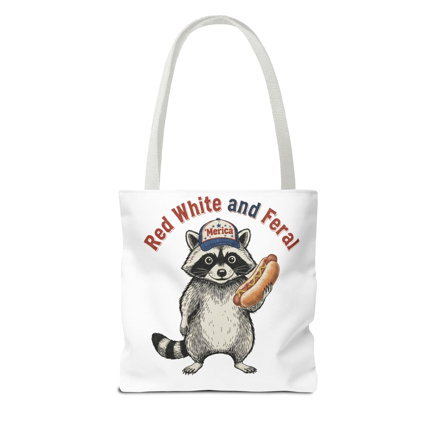 Red White and Feral Raccoon Tote Bag – 'Merica Hot Dog Patriotic Canvas Tote