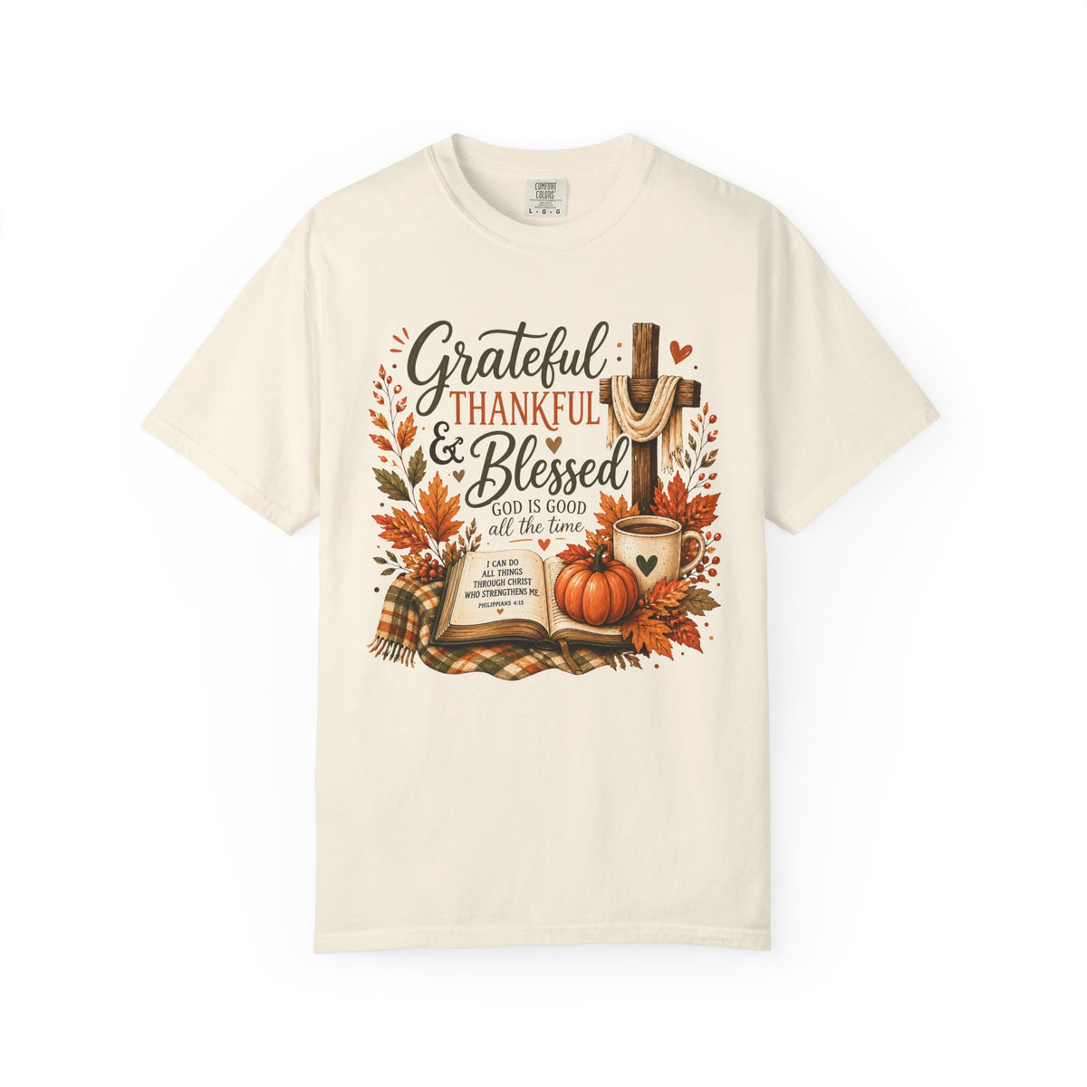 Grateful Thankful Blessed T-Shirt — Fall Pumpkin & Cross Thanksgiving Tee