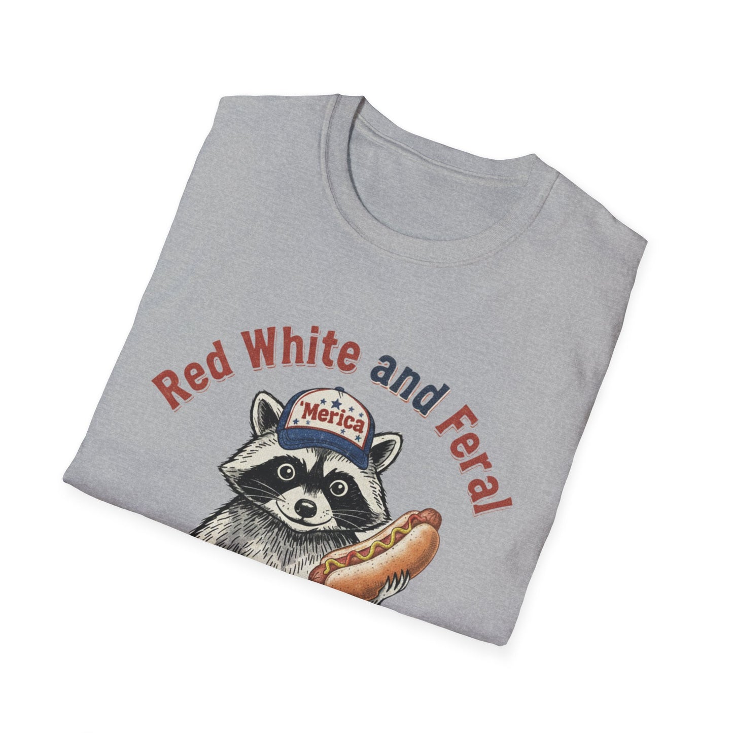 Raccoon Hot Dog Tee - “Red White and Feral” Patriotic Funny Graphic T-Shirt