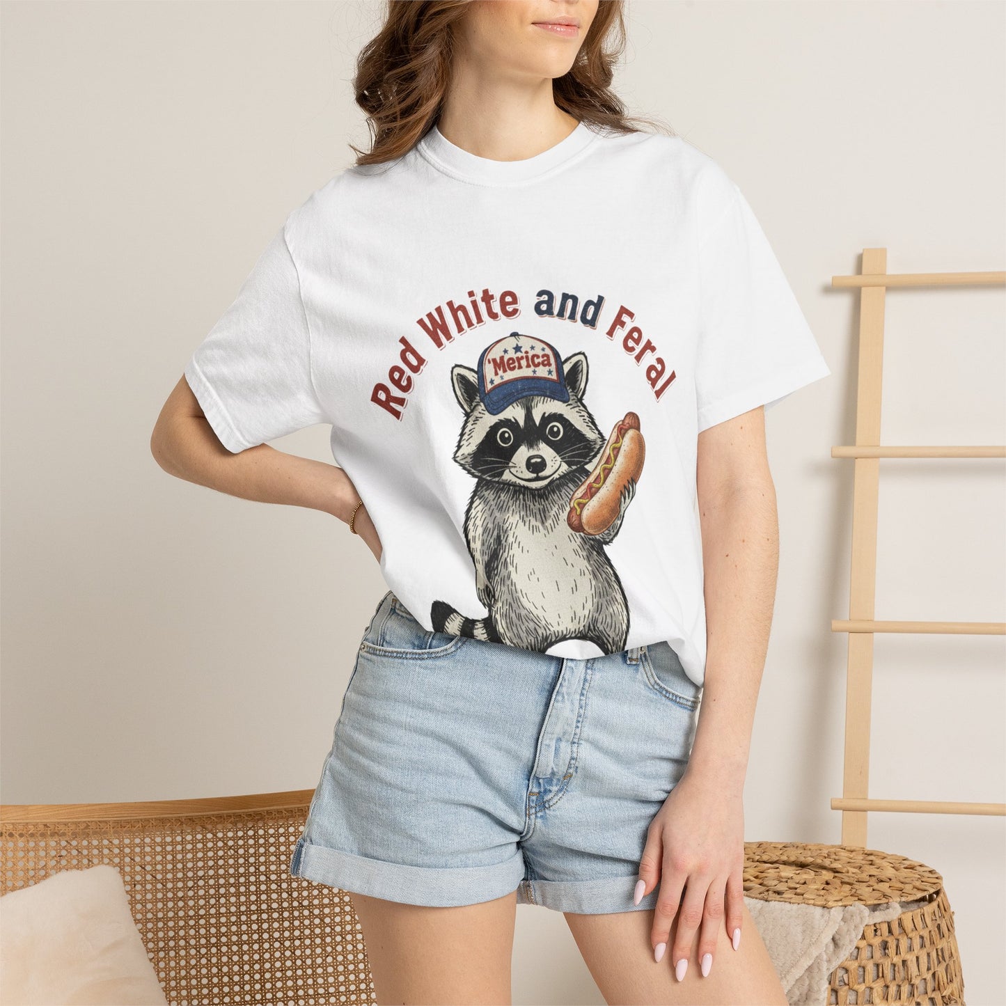 Patriotic Raccoon T-Shirt — "Red White and Feral" Hot Dog Design