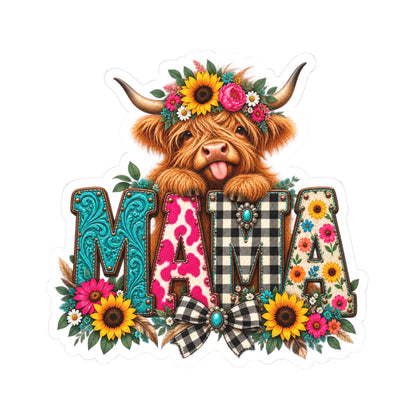 Mama Highland Cow Kiss-Cut Sticker — Floral Buffalo Plaid Mom Laptop Decal