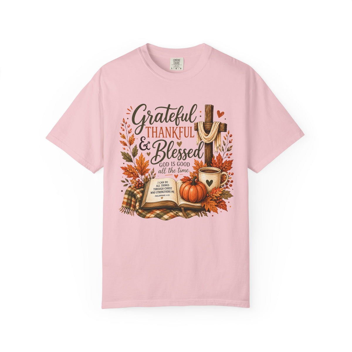 Grateful Thankful Blessed T-Shirt — Fall Pumpkin & Cross Thanksgiving Tee