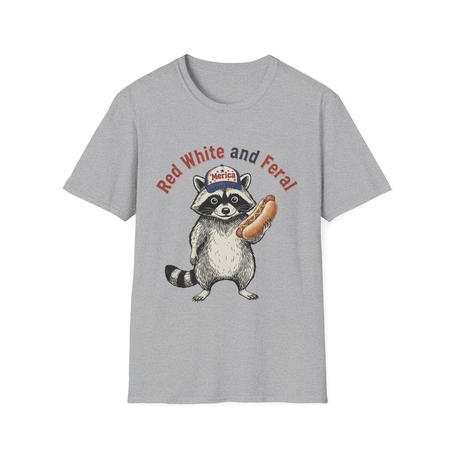 Raccoon Hot Dog Tee - “Red White and Feral” Patriotic Funny Graphic T-Shirt