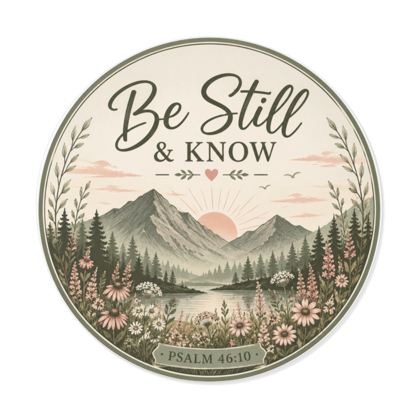 Be Still & Know Round Vinyl Sticker — Psalm 46:10 Nature Mountain Faith Decal
