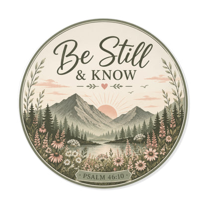 Be Still & Know Round Vinyl Sticker — Psalm 46:10 Nature Mountain Faith Decal