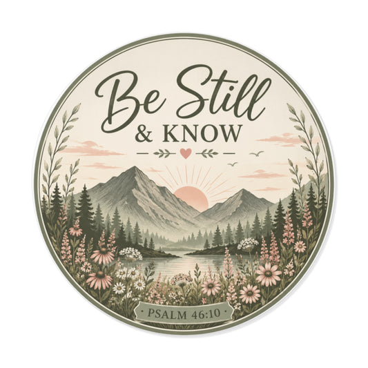 Be Still & Know Round Vinyl Sticker — Psalm 46:10 Nature Mountain Faith Decal
