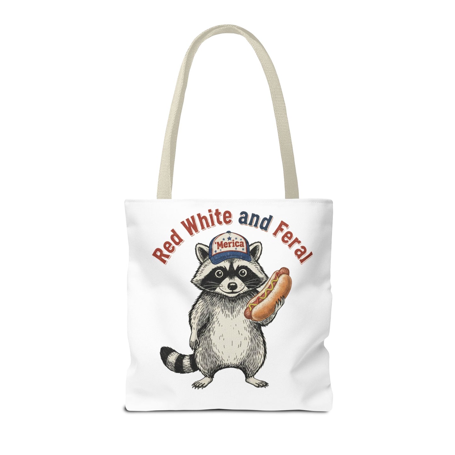 Red White and Feral Raccoon Tote Bag – 'Merica Hot Dog Patriotic Canvas Tote