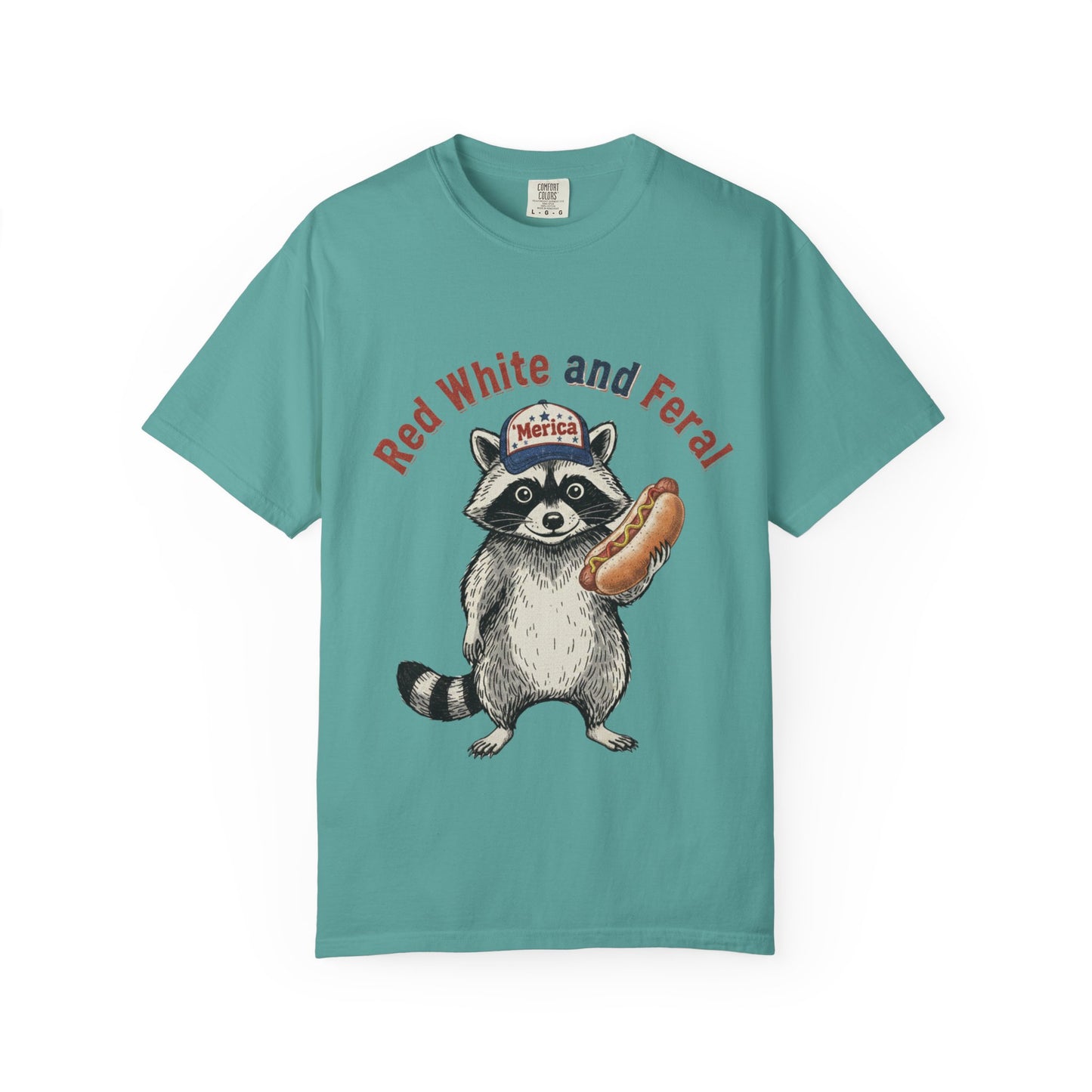 Patriotic Raccoon T-Shirt — "Red White and Feral" Hot Dog Design