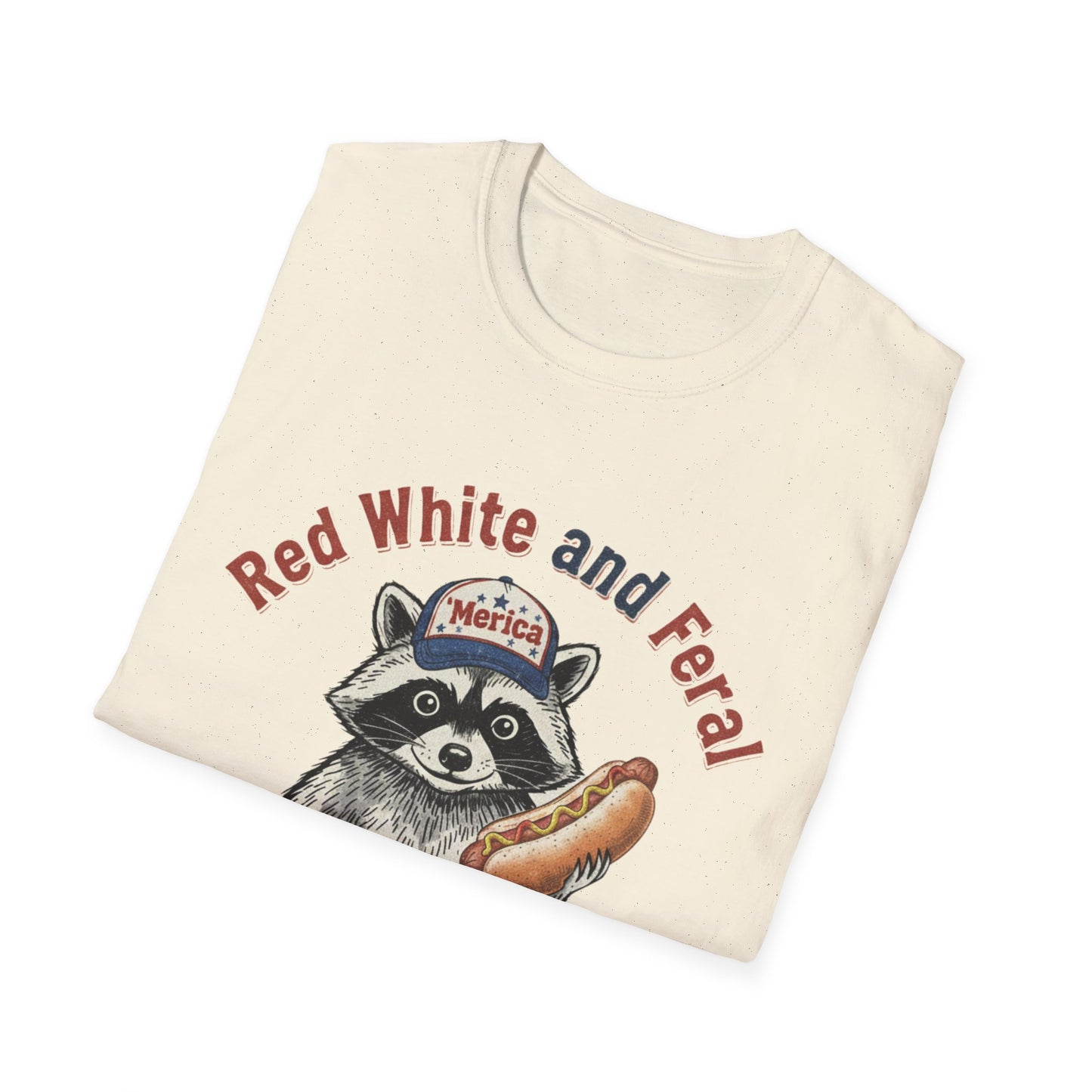 Raccoon Hot Dog Tee - “Red White and Feral” Patriotic Funny Graphic T-Shirt