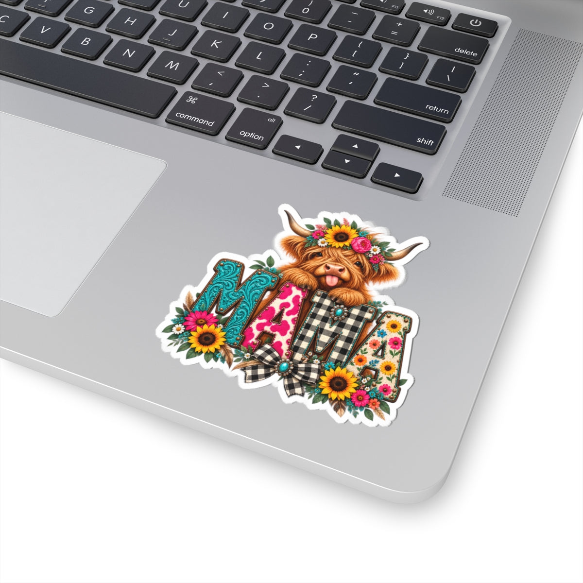 Mama Highland Cow Kiss-Cut Sticker — Floral Buffalo Plaid Mom Laptop Decal