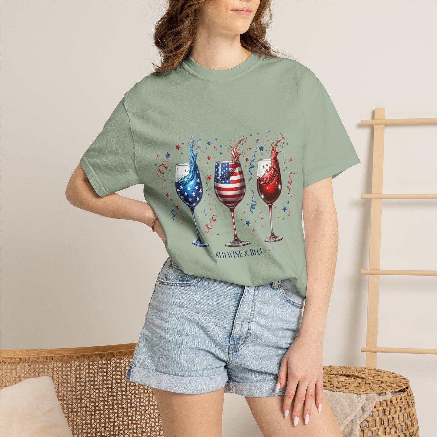 Red Wine & Blue T-Shirt — Patriotic Wine Glasses 4th of July Tee