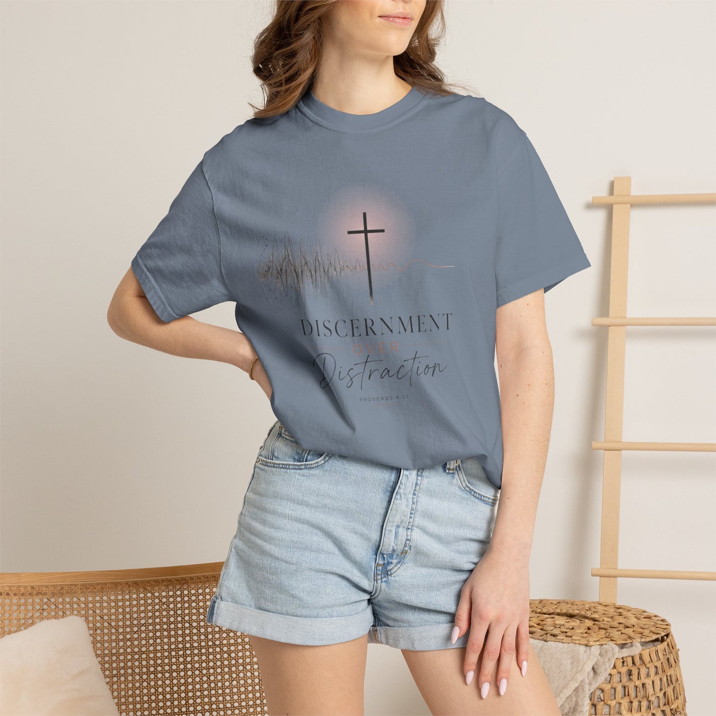 T-Shirt — "Discernment Over Distraction" Cross Graphic Spiritual Tee