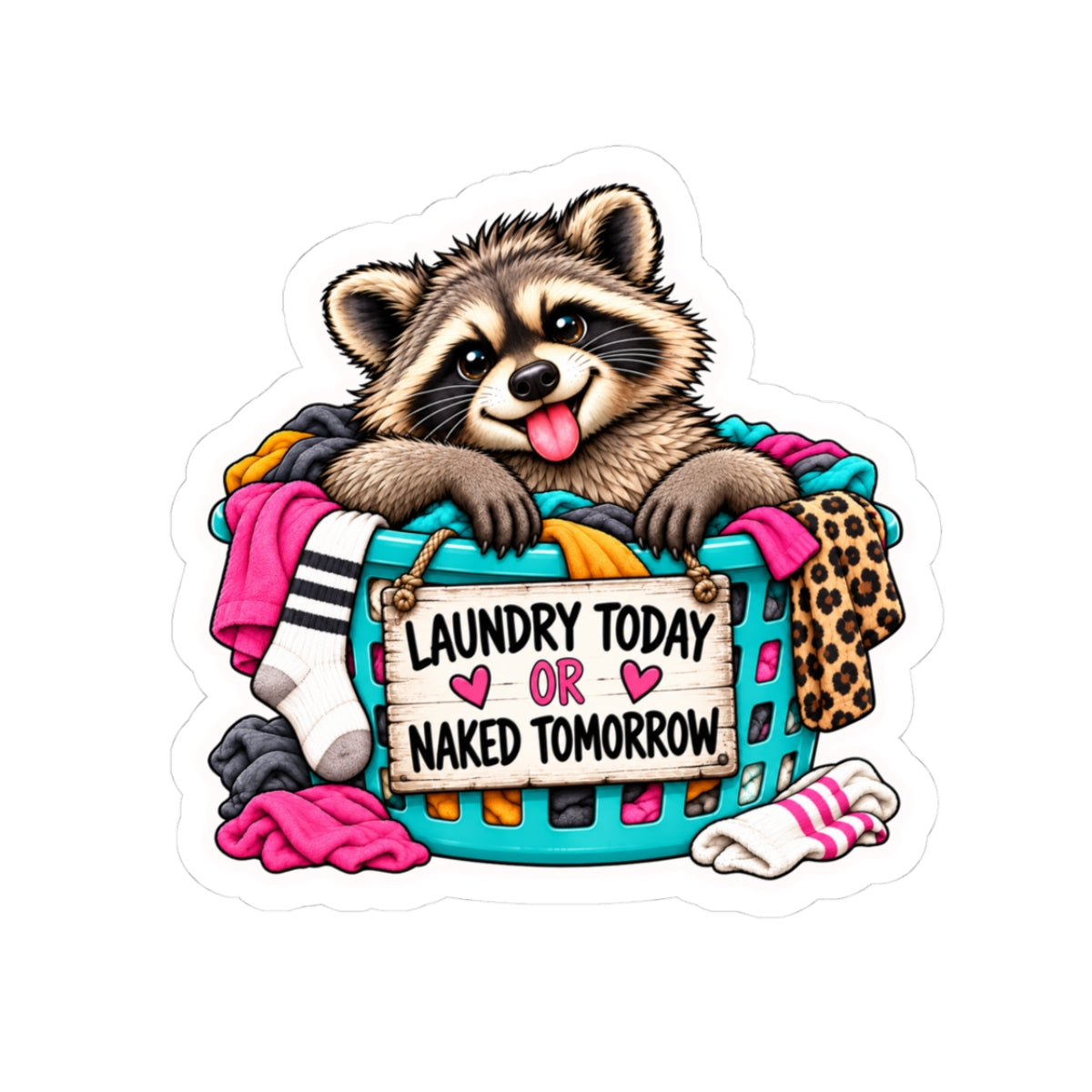 Sticker — Cute Raccoon Laundry Sticker: "Laundry Today or Naked Tomorrow" Kiss-Cut Vinyl