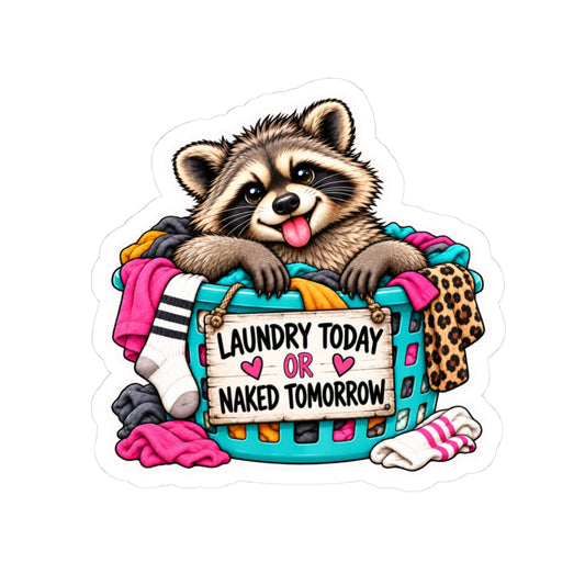 Sticker — Cute Raccoon Laundry Sticker: "Laundry Today or Naked Tomorrow" Kiss-Cut Vinyl