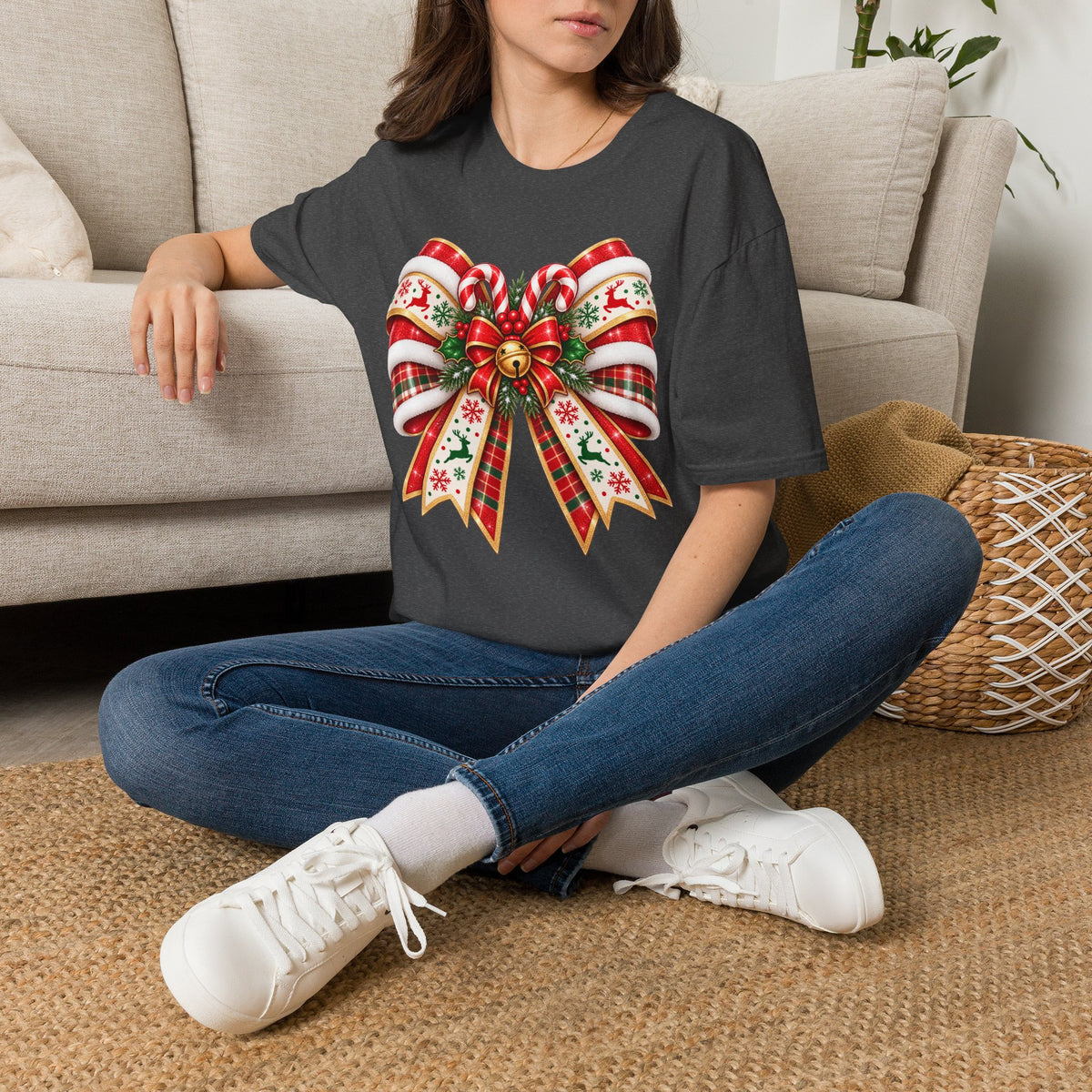 Christmas Ribbon Bow T-Shirt — Festive Plaid Holiday Graphic Tee