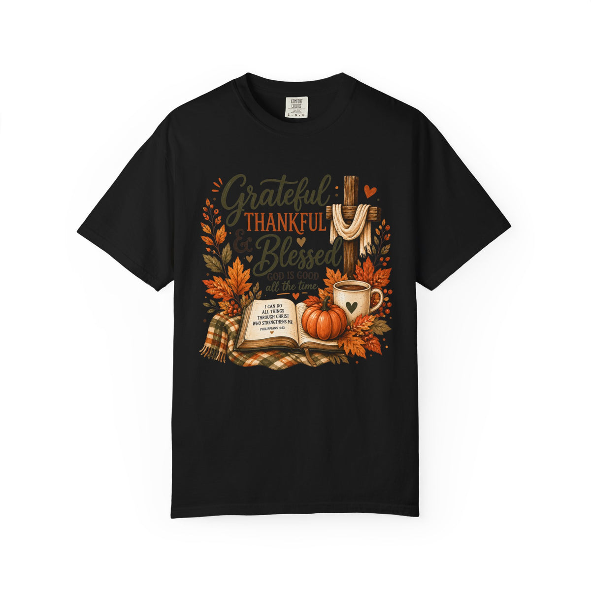 Grateful Thankful Blessed T-Shirt — Fall Pumpkin & Cross Thanksgiving Tee