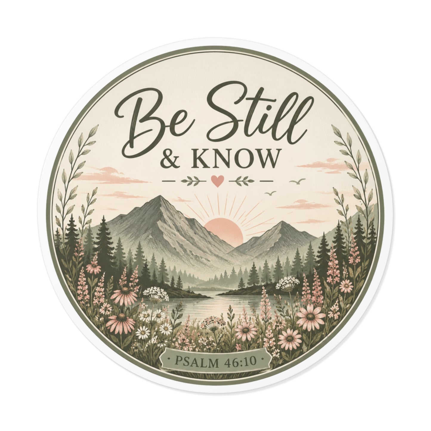 Be Still & Know Round Vinyl Sticker — Psalm 46:10 Nature Mountain Faith Decal