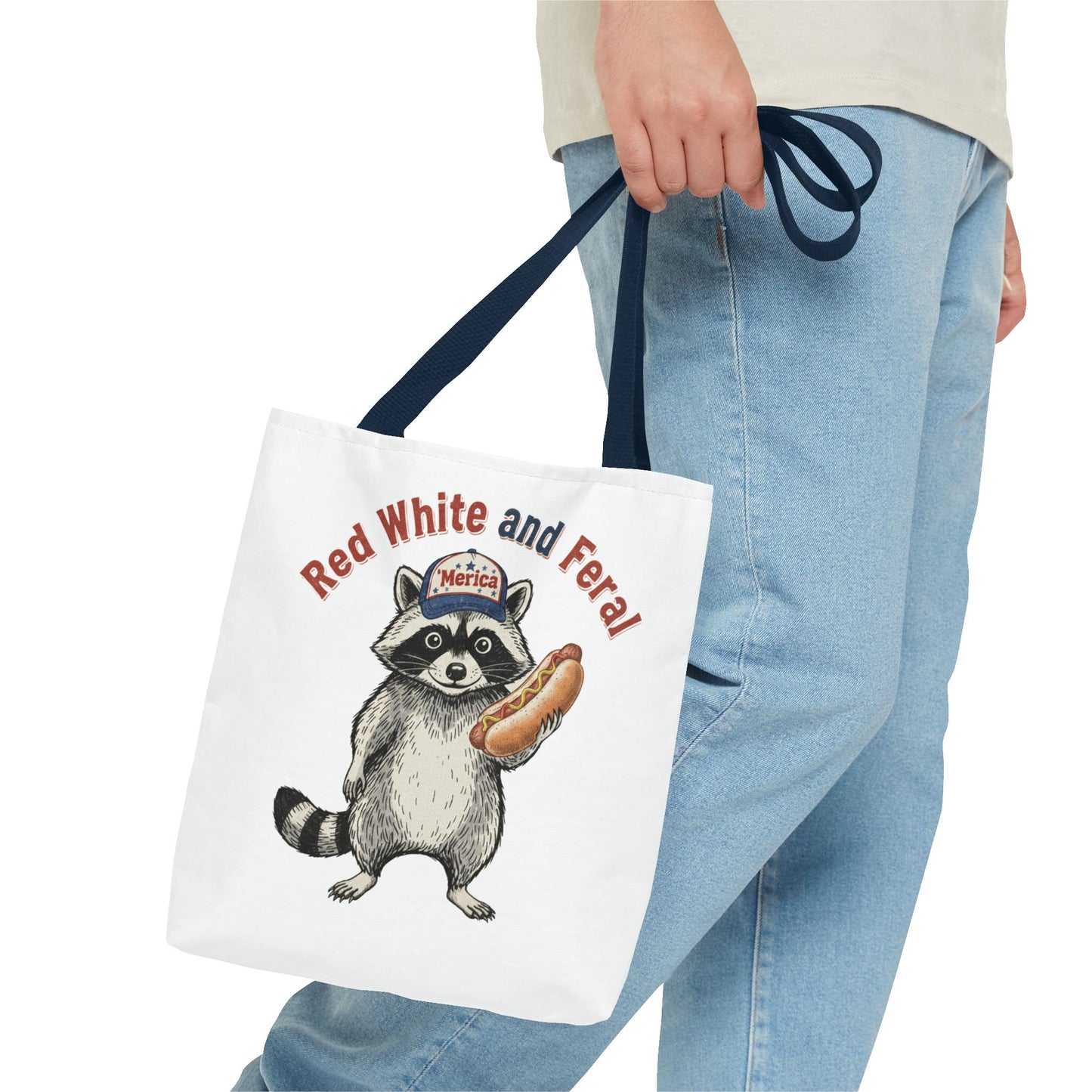 Red White and Feral Raccoon Tote Bag – 'Merica Hot Dog Patriotic Canvas Tote
