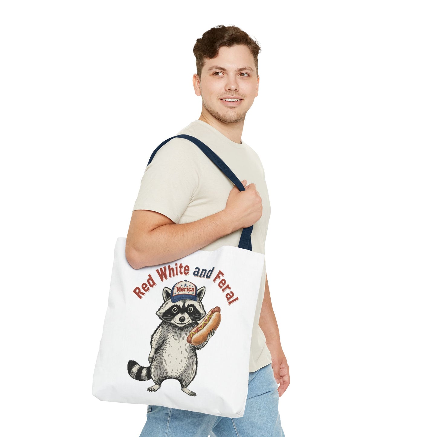 Red White and Feral Raccoon Tote Bag – 'Merica Hot Dog Patriotic Canvas Tote