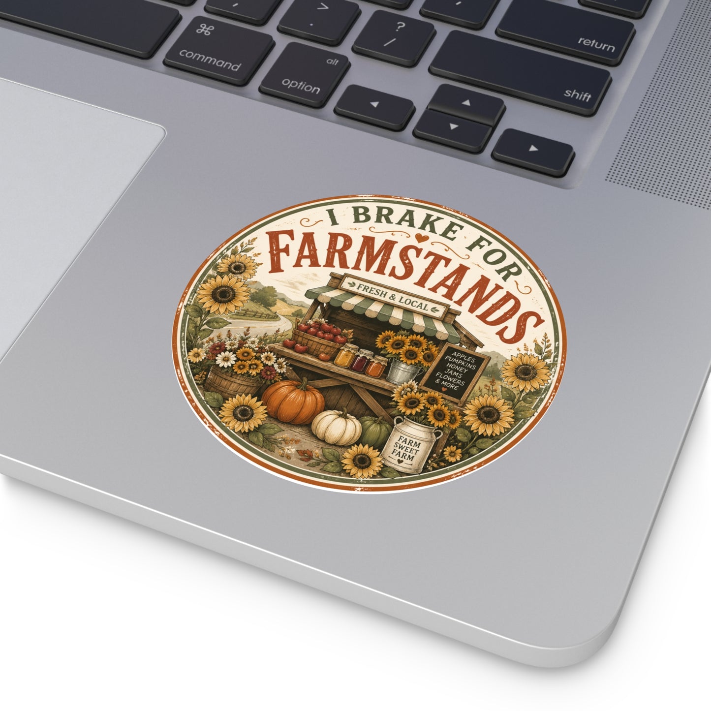 I Brake for Farmstands Round Vinyl Sticker — Vintage Fall Farmstand Pumpkin & Sunflower Decal