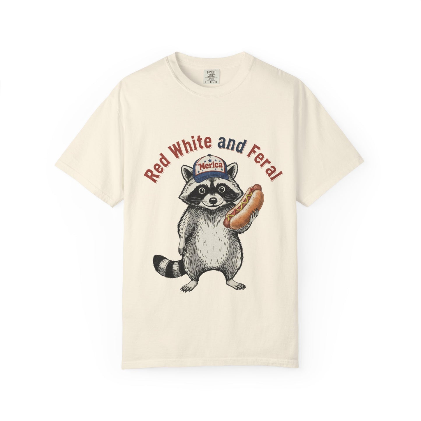 Patriotic Raccoon T-Shirt — "Red White and Feral" Hot Dog Design