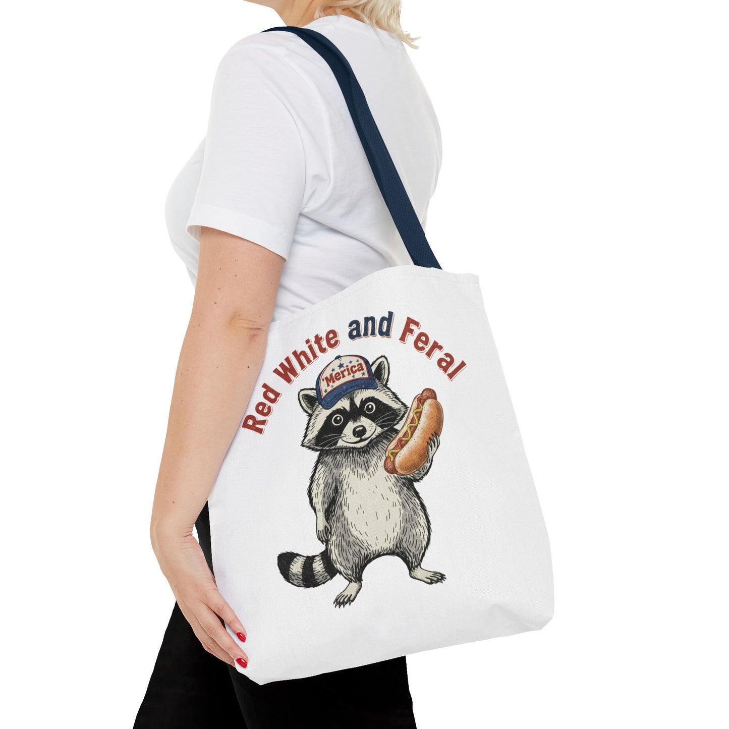 Red White and Feral Raccoon Tote Bag – 'Merica Hot Dog Patriotic Canvas Tote