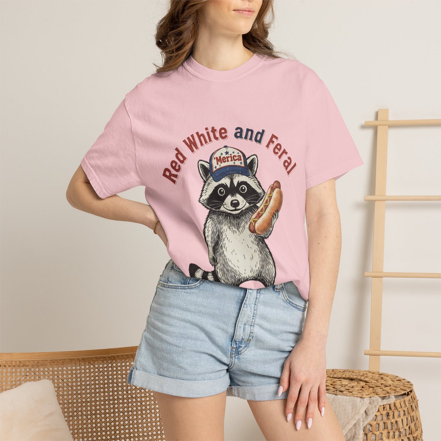 Patriotic Raccoon T-Shirt — "Red White and Feral" Hot Dog Design