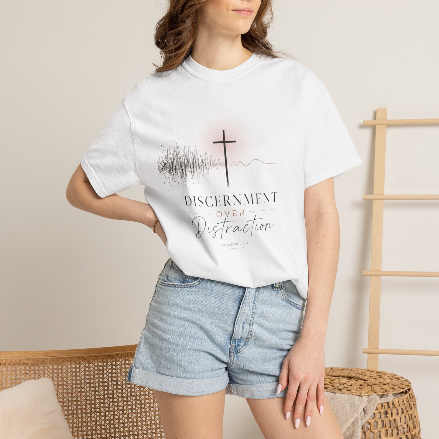 T-Shirt — "Discernment Over Distraction" Cross Graphic Spiritual Tee