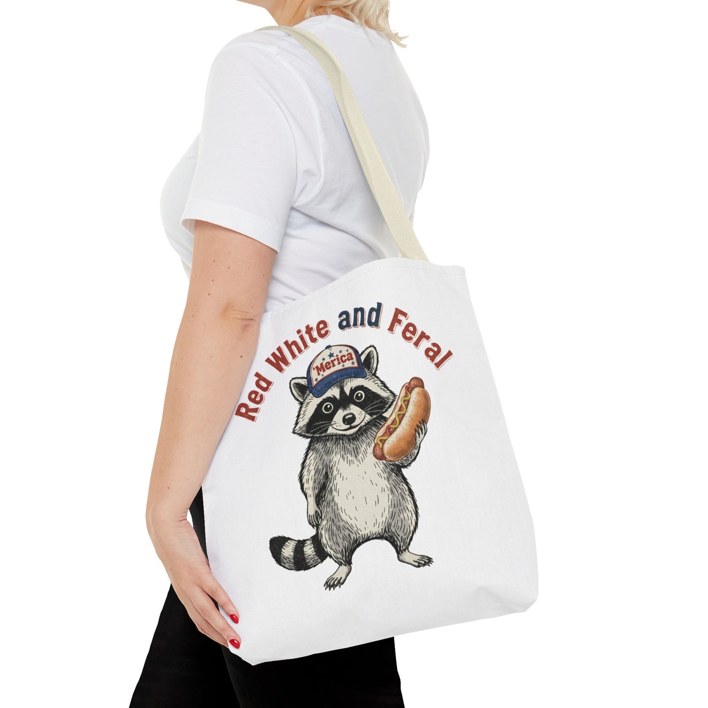 Red White and Feral Raccoon Tote Bag – 'Merica Hot Dog Patriotic Canvas Tote